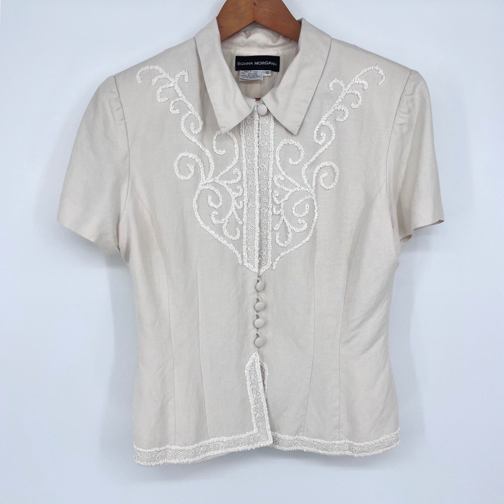 Vintage Donna Morgan Skirt Suit Women 12 PETITE Ivory Linen Blend Embroidered